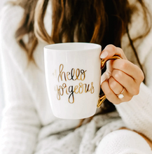 Load image into Gallery viewer, Hello Gorgeous Gold + White Coffee Mug - Private Sale-Poppy Street