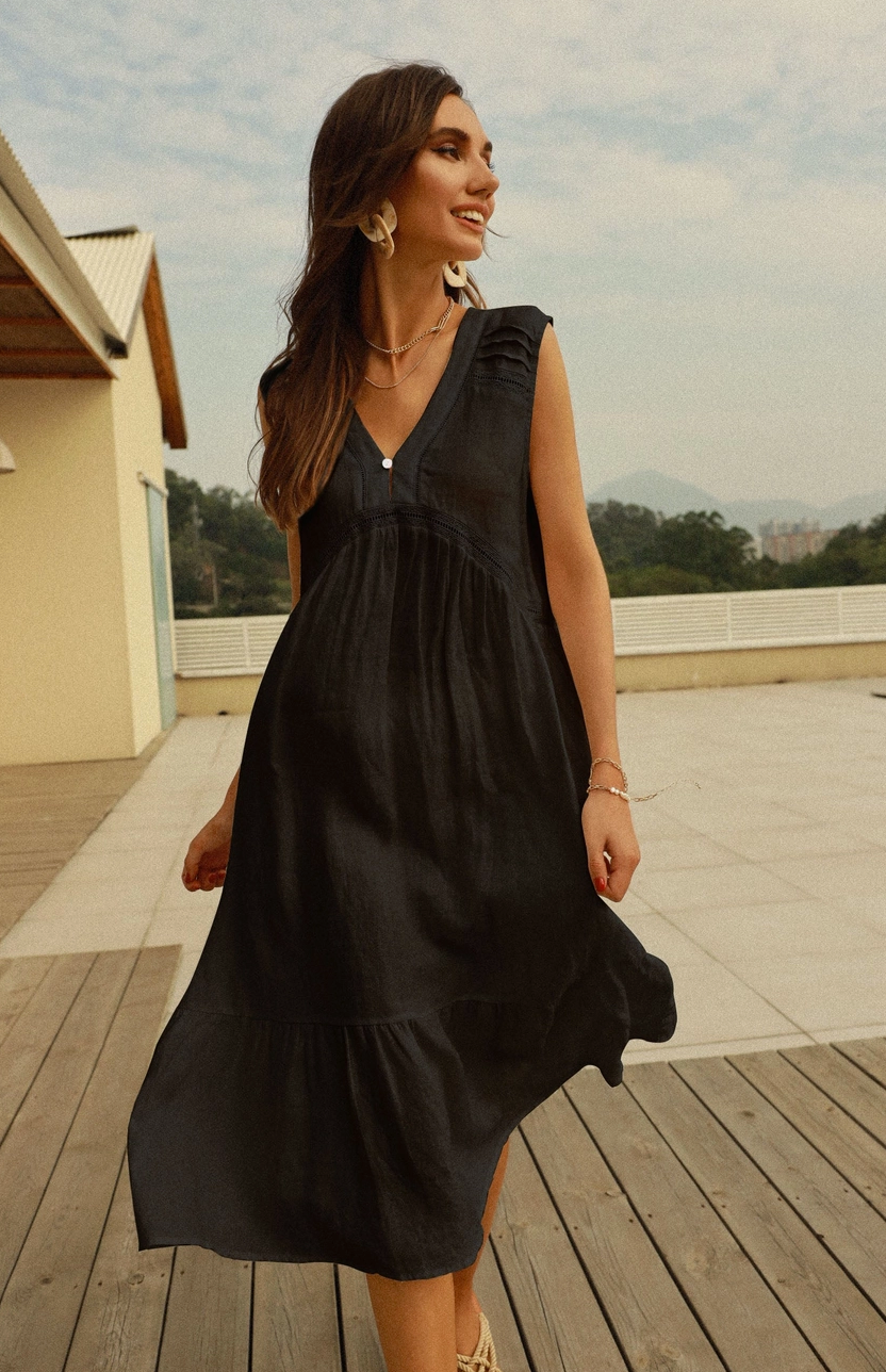 Gaby Hemp Linen Midi Dress Large / Black
